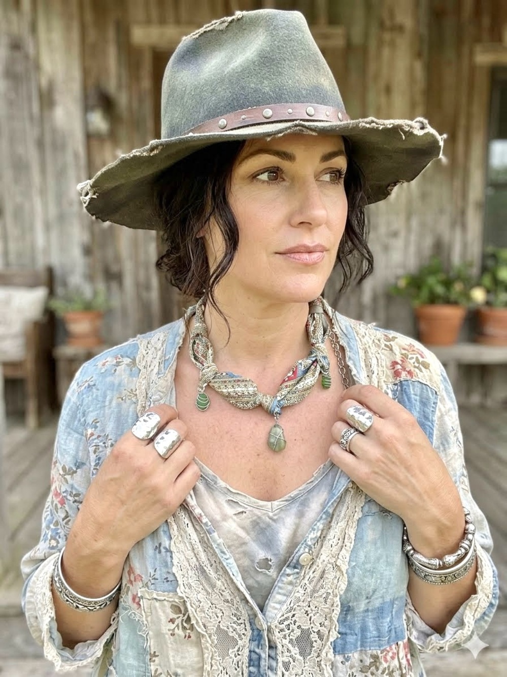Handcrafted SILK scarf boho rustic paisley necklace w sea glass/natural stones